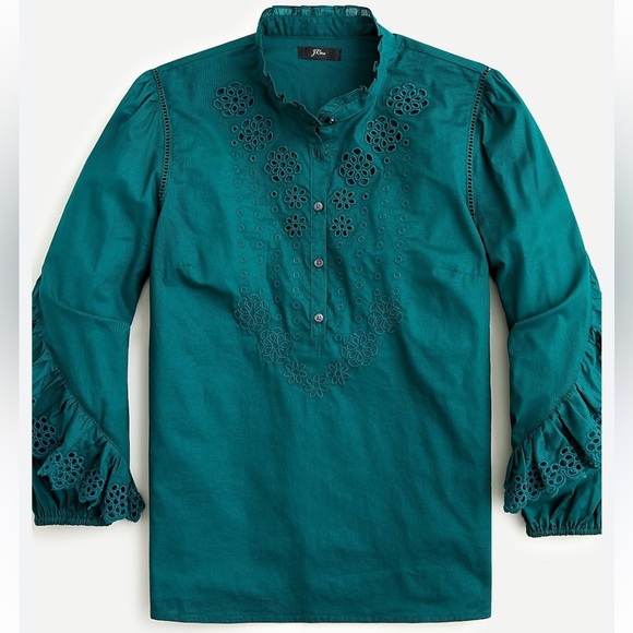 J. Crew Emerald Green Ruffled Sleeves Embroidered Eyelet Long Sleeve Blouse Fall - Picture 1 of 7